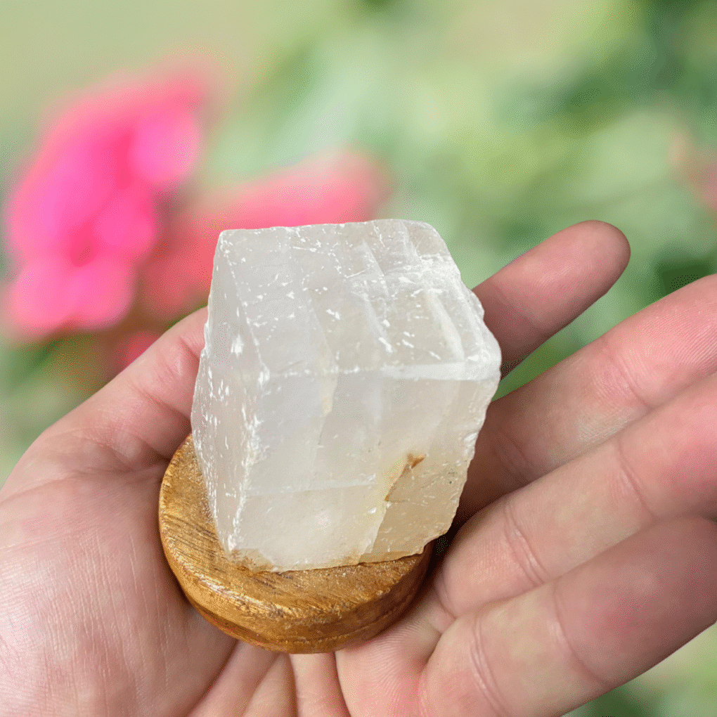 Cubo de Quartzo Branco com Base de Madeira